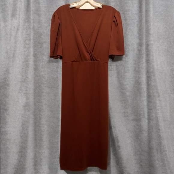 NWOT Women’s Plus A Line V Neck Short Sleeved Stretch Knit Dress Size XXL Brown - Picture 5 of 5